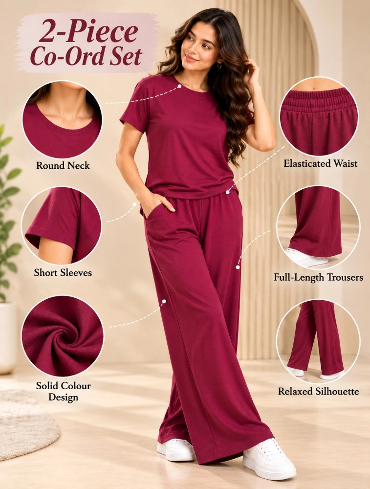 Maroon Womens Micro Plain Casual CoOrd Set