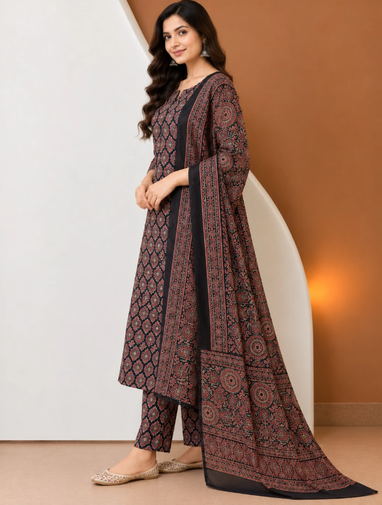 Maroon Womens Printed Regular Kurta with Pant and Duppatta Set