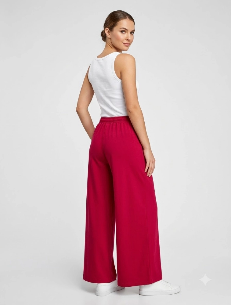Maroon Womens Solid Wide Leg Palazzo Pant