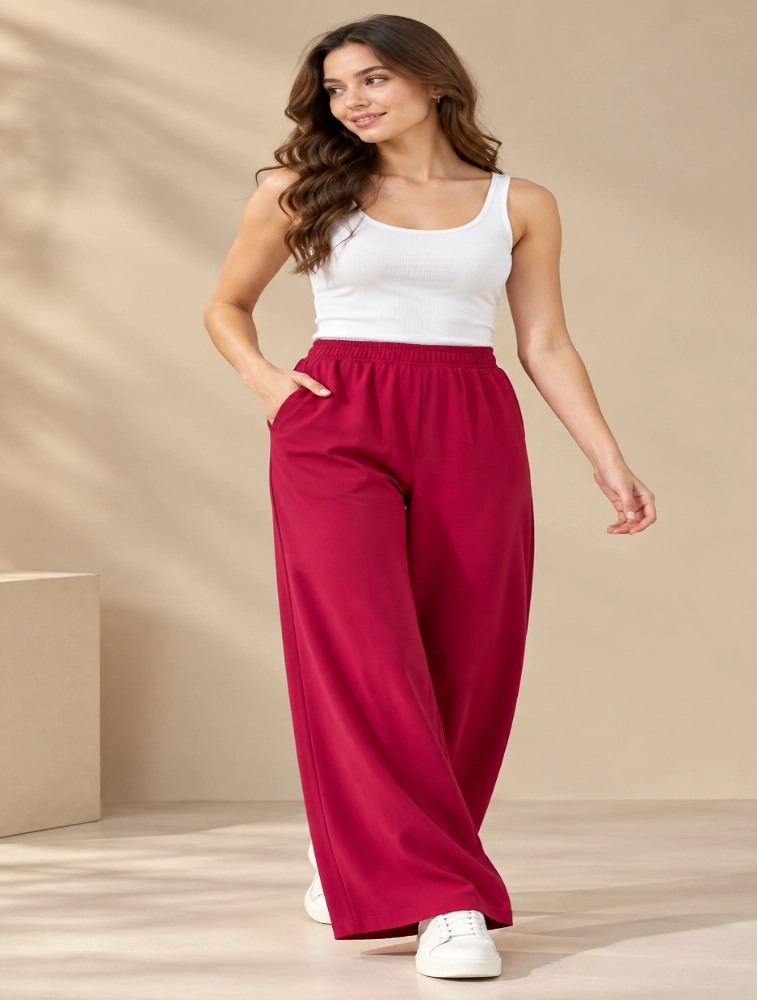 Maroon Womens Solid Wide Leg Palazzo Pant