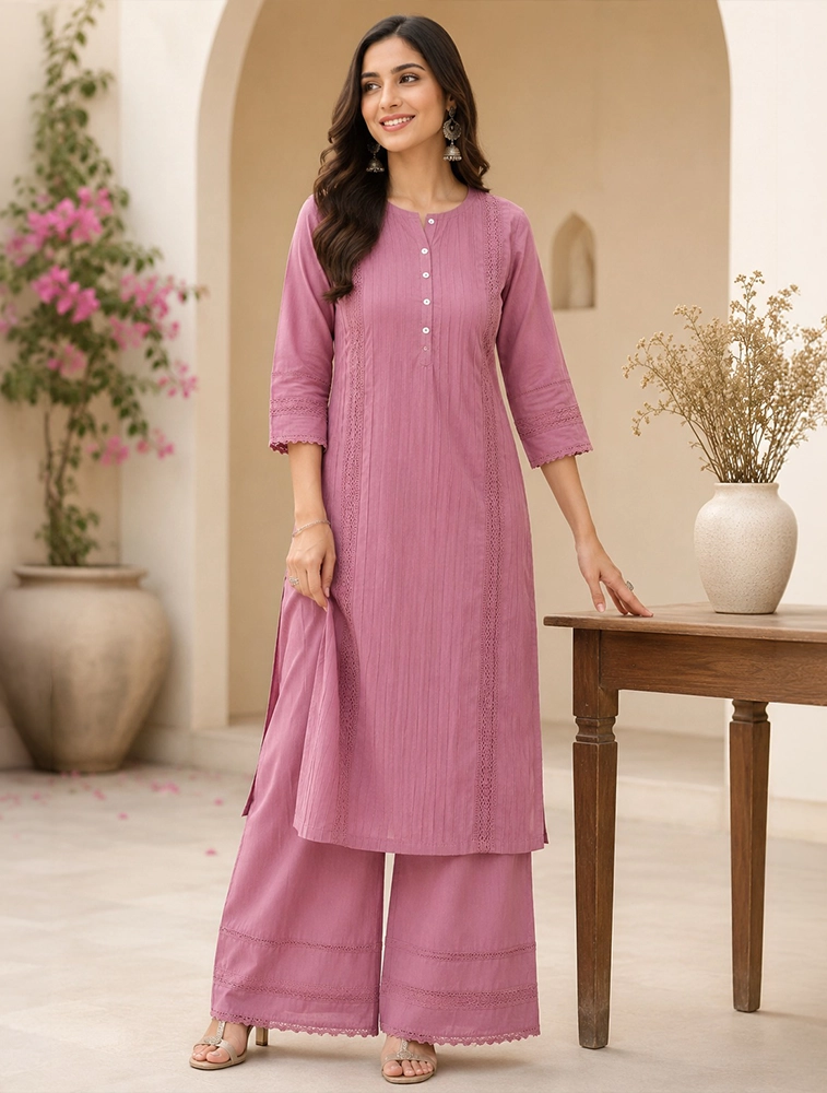 Mauve Pink Womens Cotton Kurta Palazzo Set 