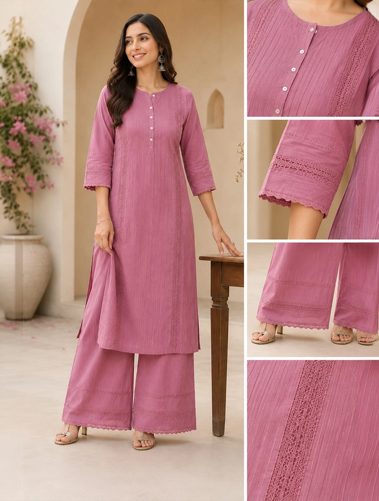 Mauve Pink Womens Cotton Kurta Palazzo Set