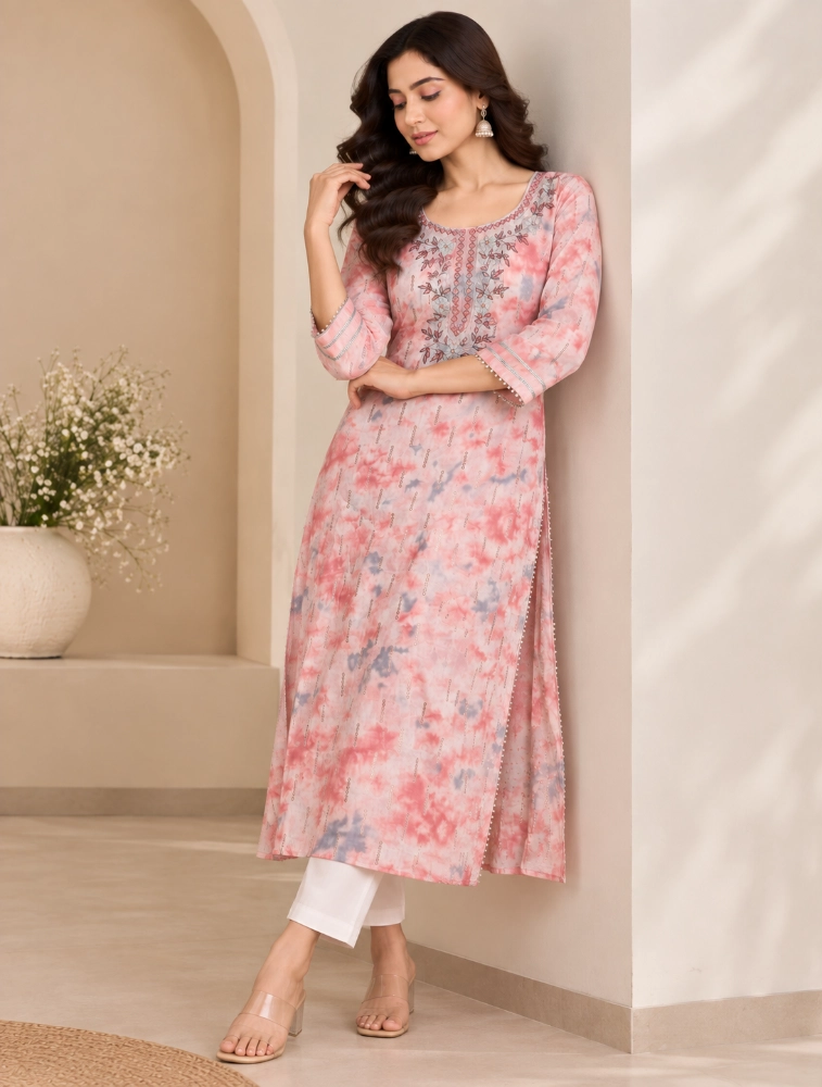 Mauve Pink Womens Graceful Ethnic Embroidered Kurta