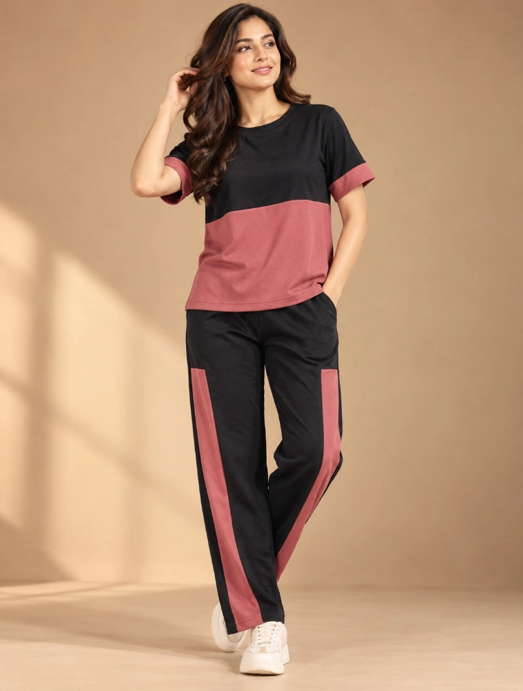 Anshu fashion shop Mauve Pink and Black Womens Patta Sport Night Suit