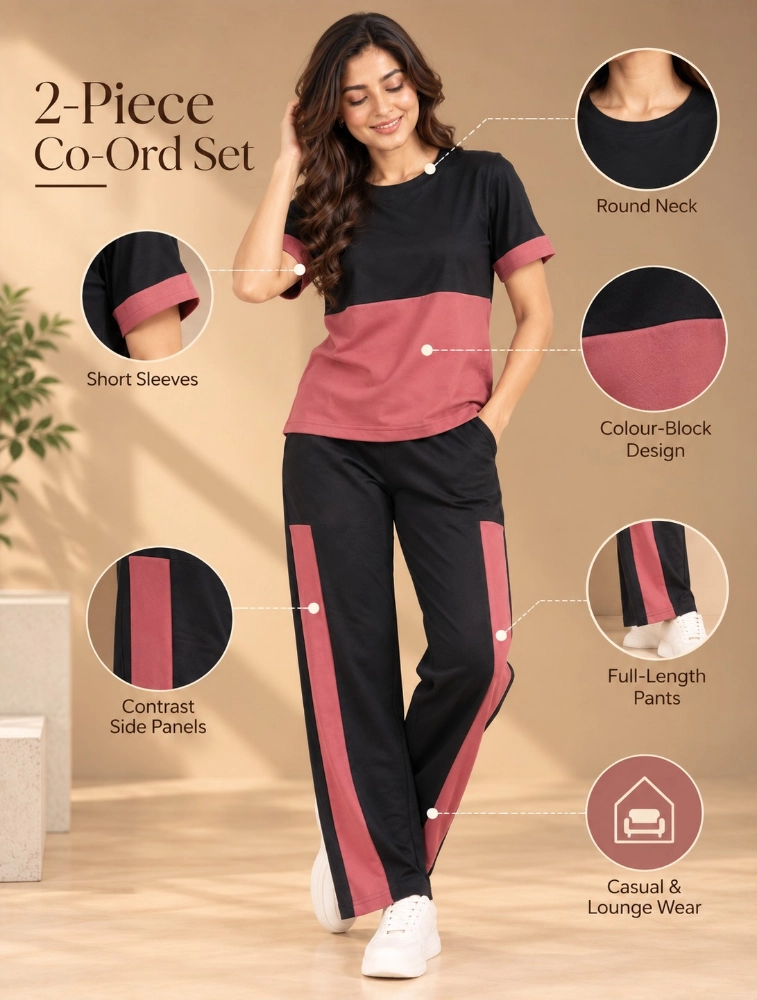 Mauve Pink and Black Womens Patta Sport Night Suit