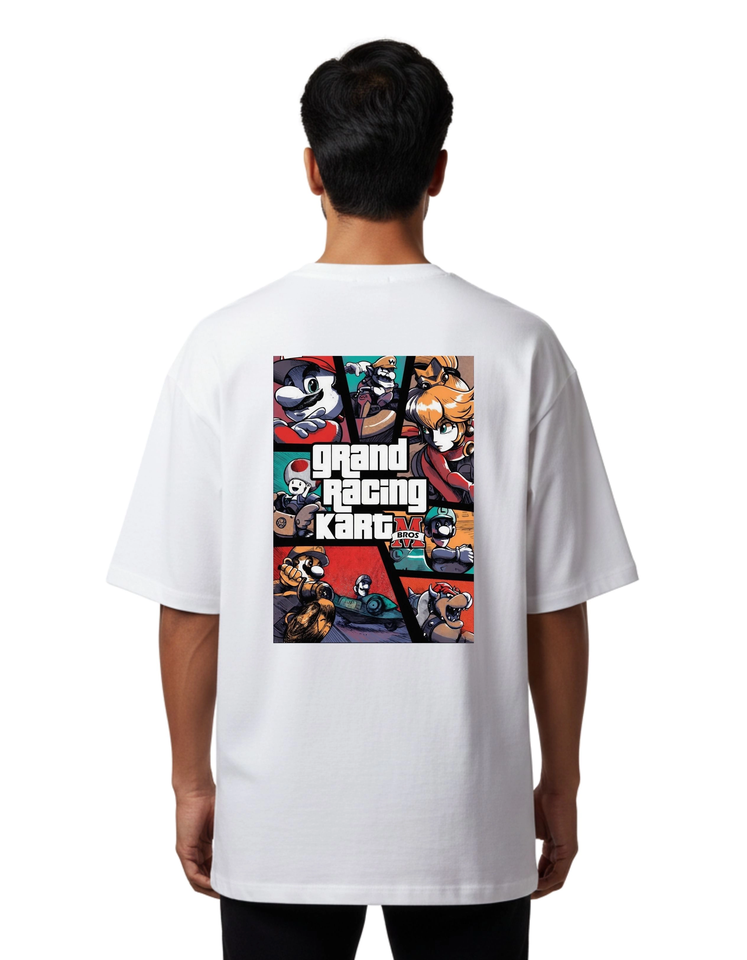 Mbros Grand Racing Kart Oversize Cotton French Terry T-Shirt 240 GSM White