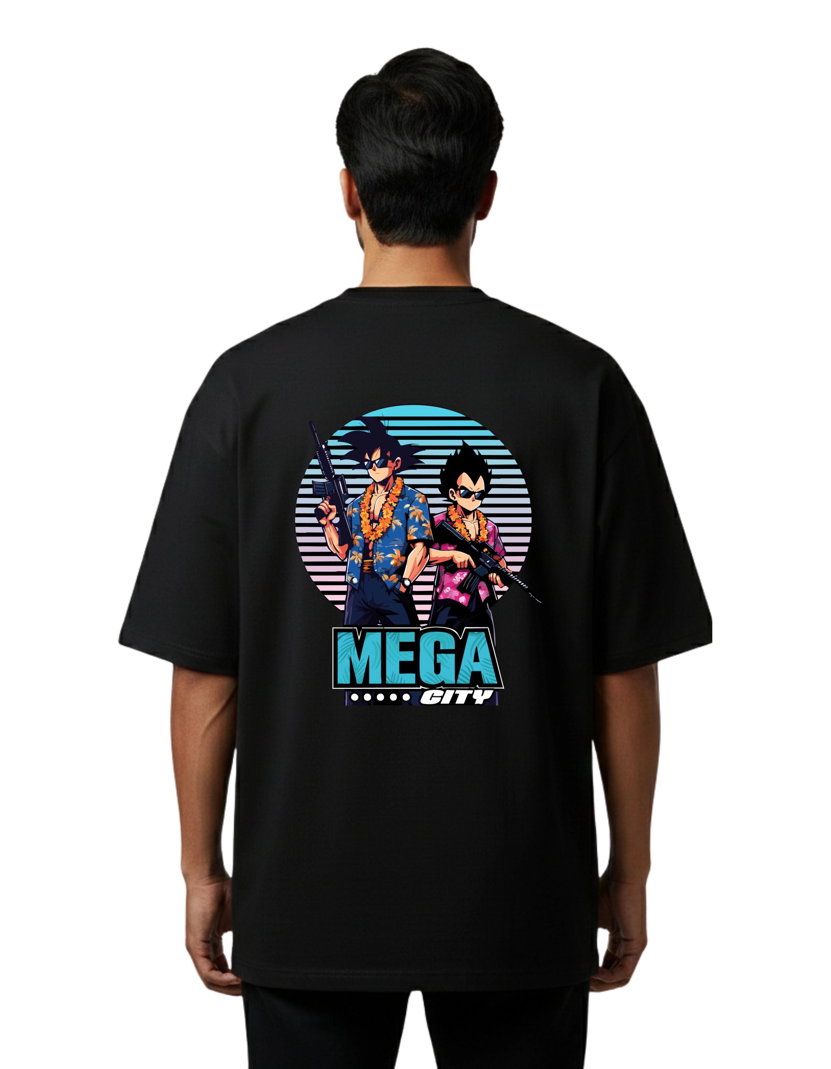 Mega City Anime Graphic Oversize Cotton French Terry T-Shirt 240 GSM Black