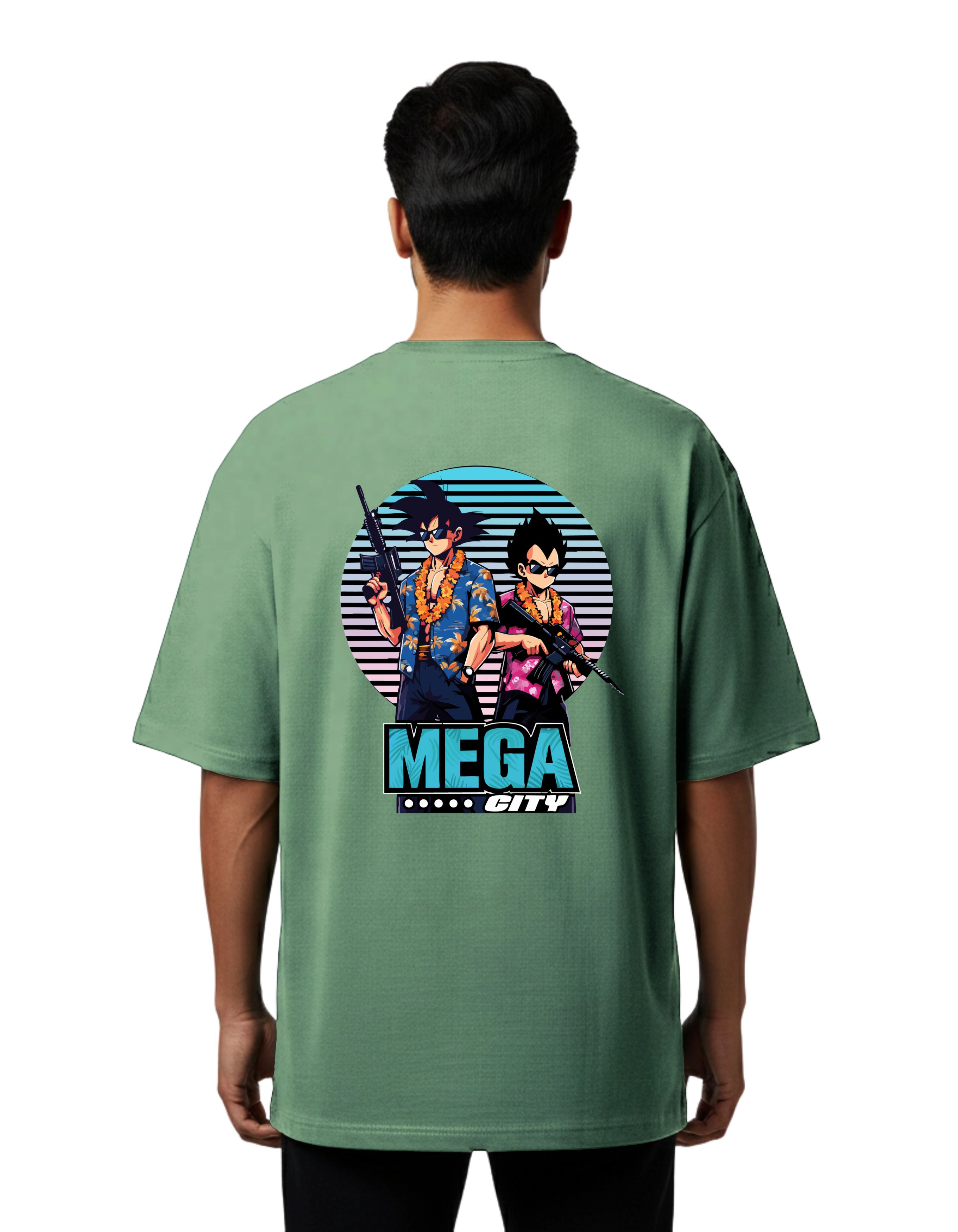 Mega City Anime Graphic Oversize Cotton French Terry T-Shirt 240 GSM D Green