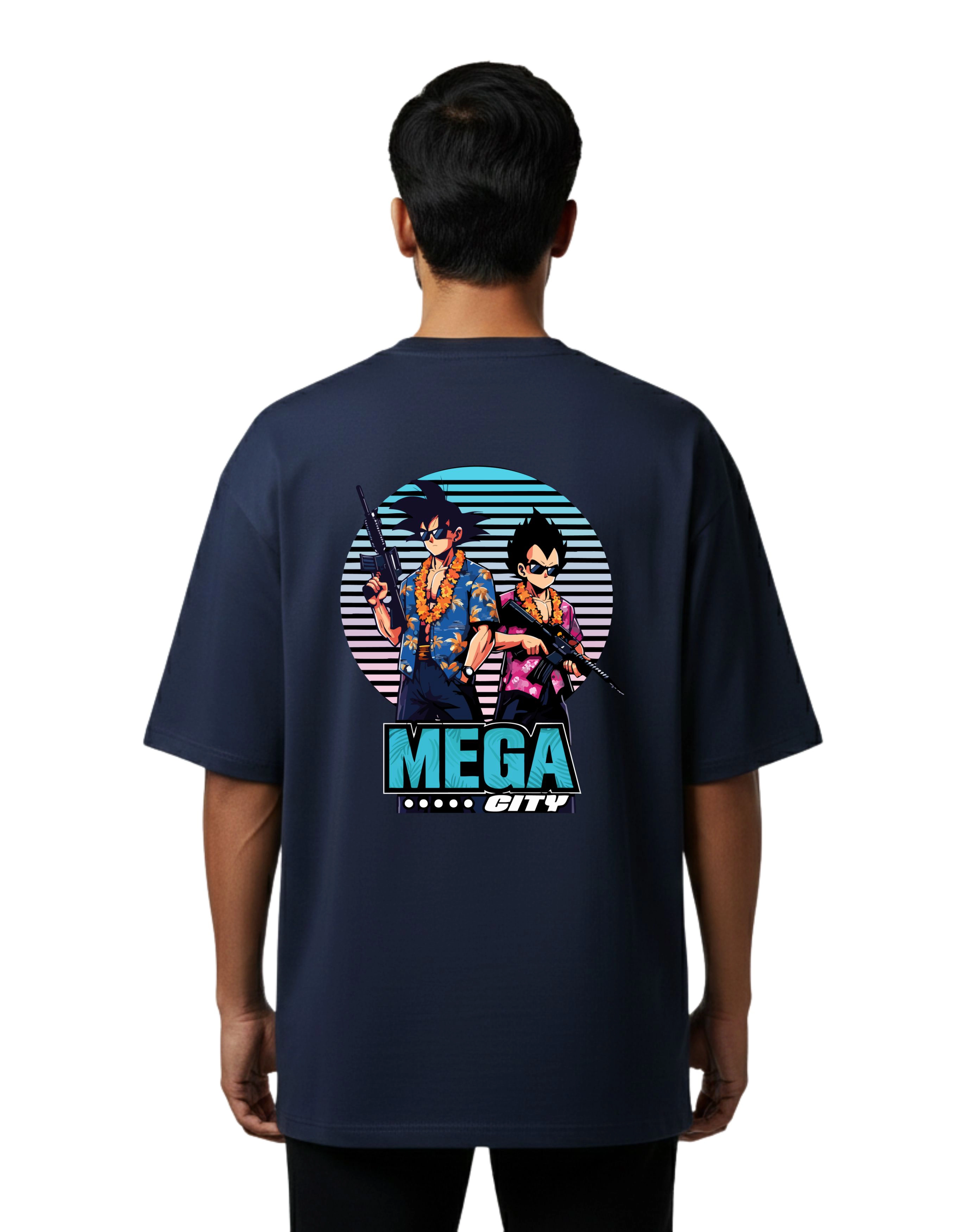 Mega City Anime Graphic Oversize Cotton French Terry T-Shirt 240 GSM Navy Blue