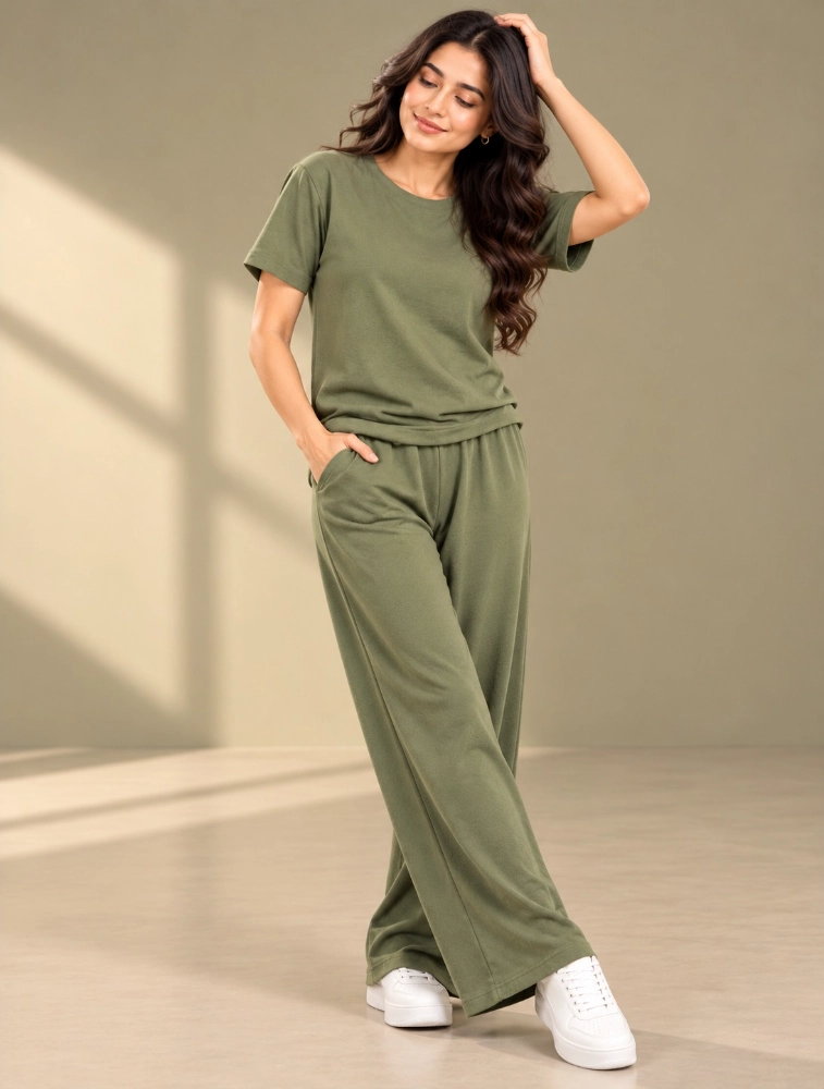 Anshu fashion shop Mehendi Womens Micro Plain Casual CoOrd Set