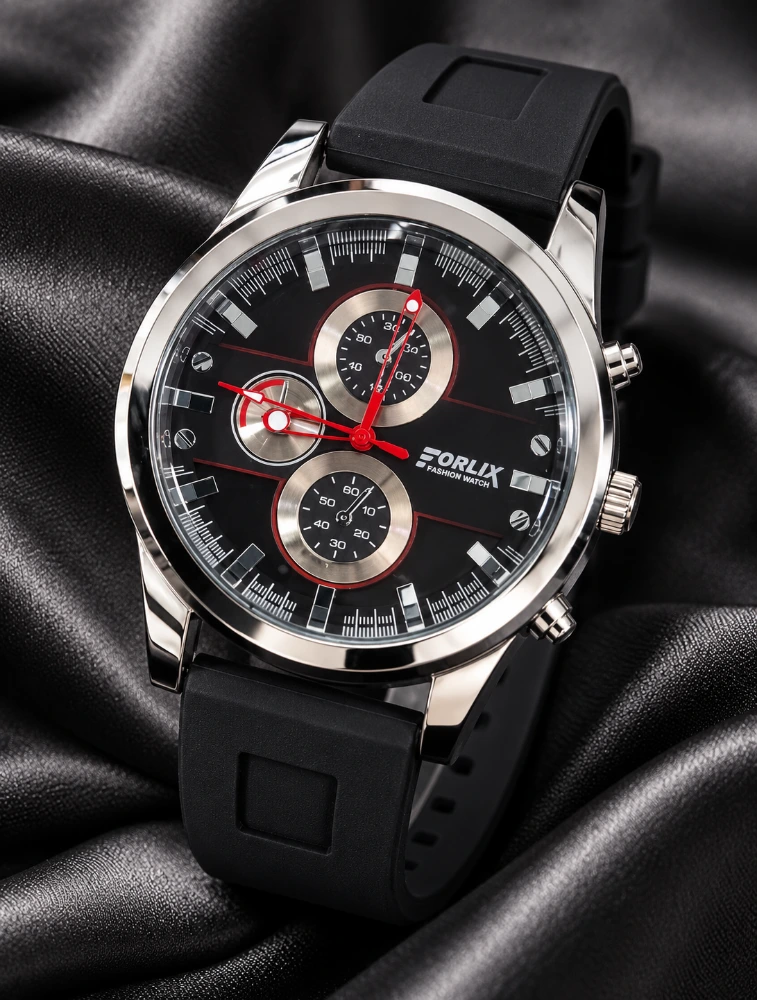 Mens Black Belt With Chronograph Style Red Analog Watch