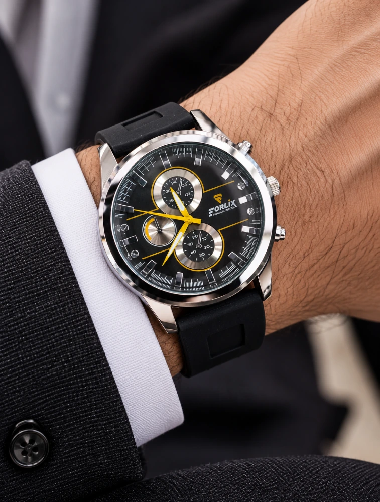 Mens Black Belt With Chronograph Style Yellow Analog Watch