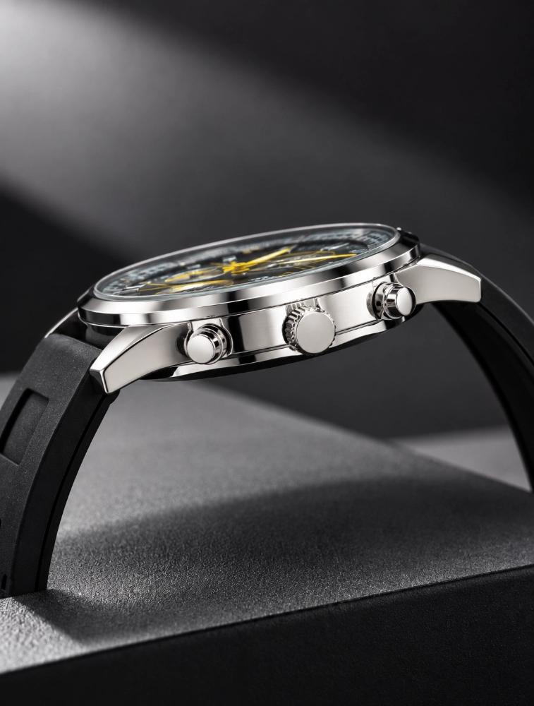 Mens Black Belt With Chronograph Style Yellow Analog Watch