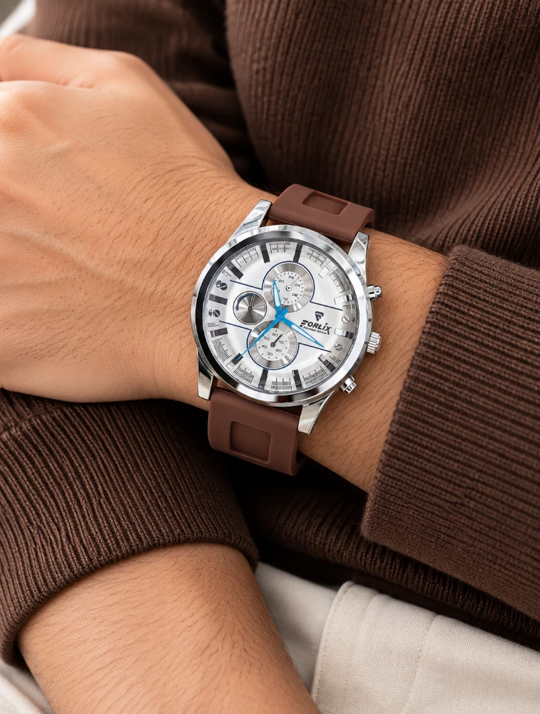 Mens Brown Belt With Chronograph Style Blue Analog Watch