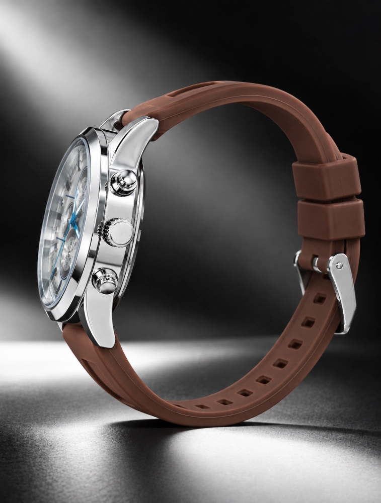 Mens Brown Belt With Chronograph Style Blue Analog Watch