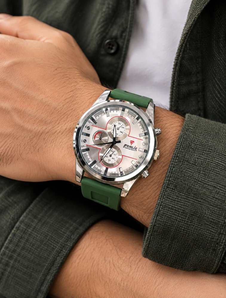 Mens Green Belt With Chronograph Style Black Analog Watch