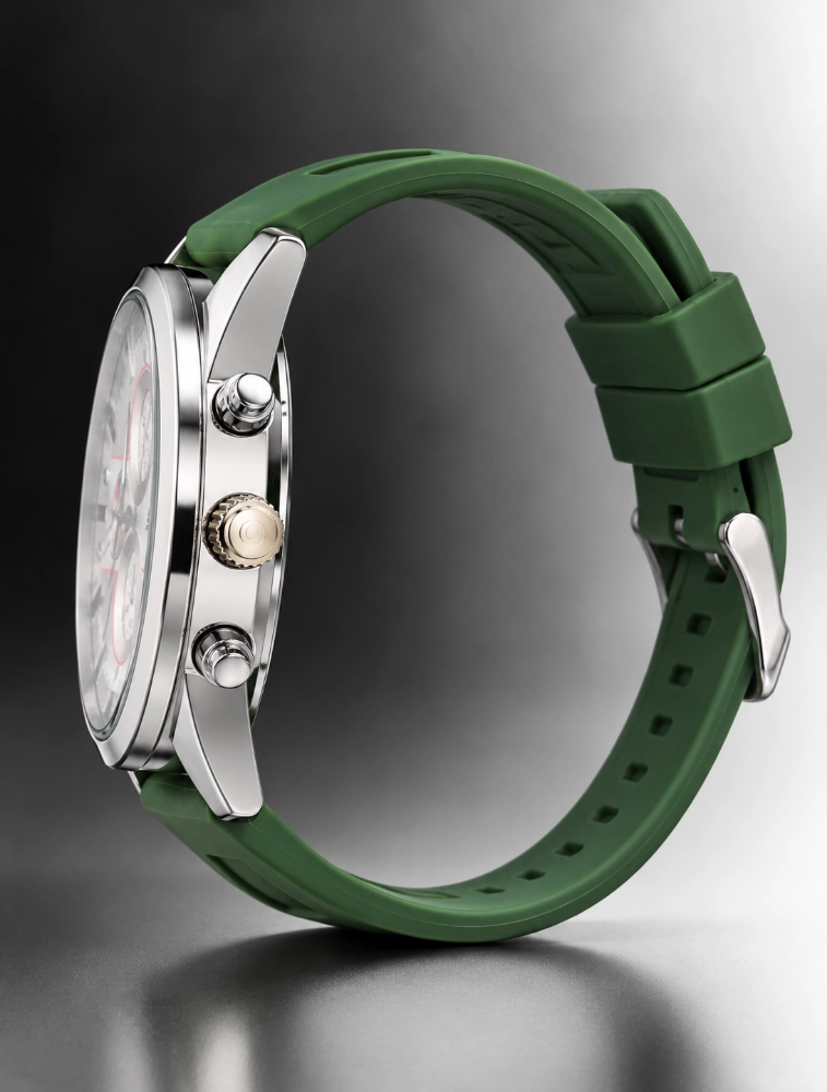 Mens Green Belt With Chronograph Style Black Analog Watch