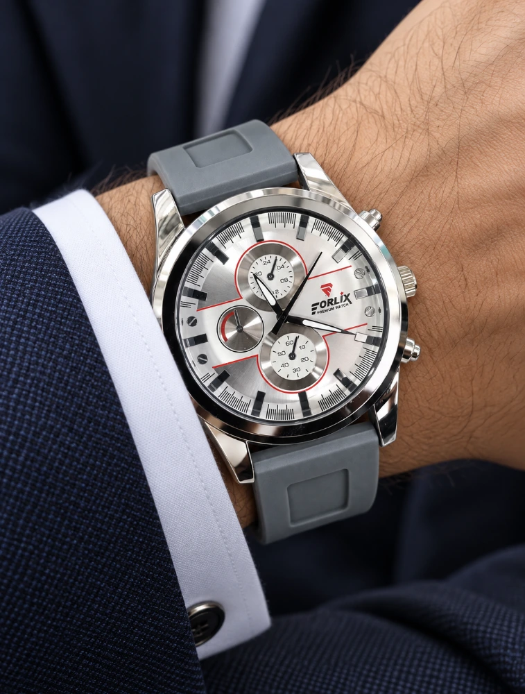 Mens Grey Belt With Chronograph Style Black Analog Watch