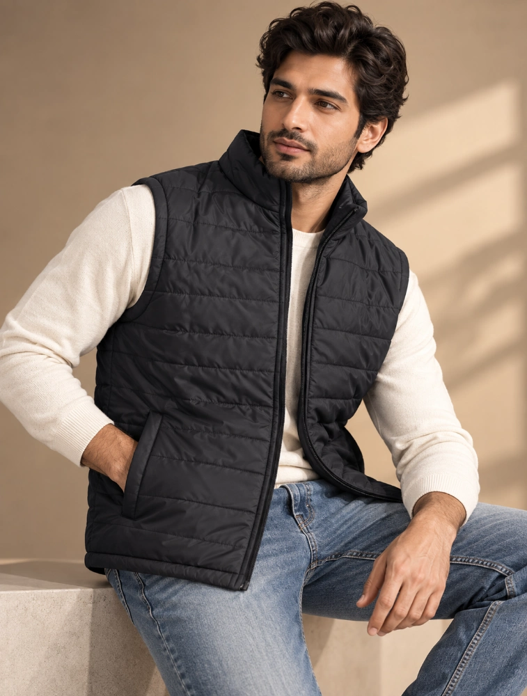 Mens High Neck Sleeveless Puffer Jacket With Zipper