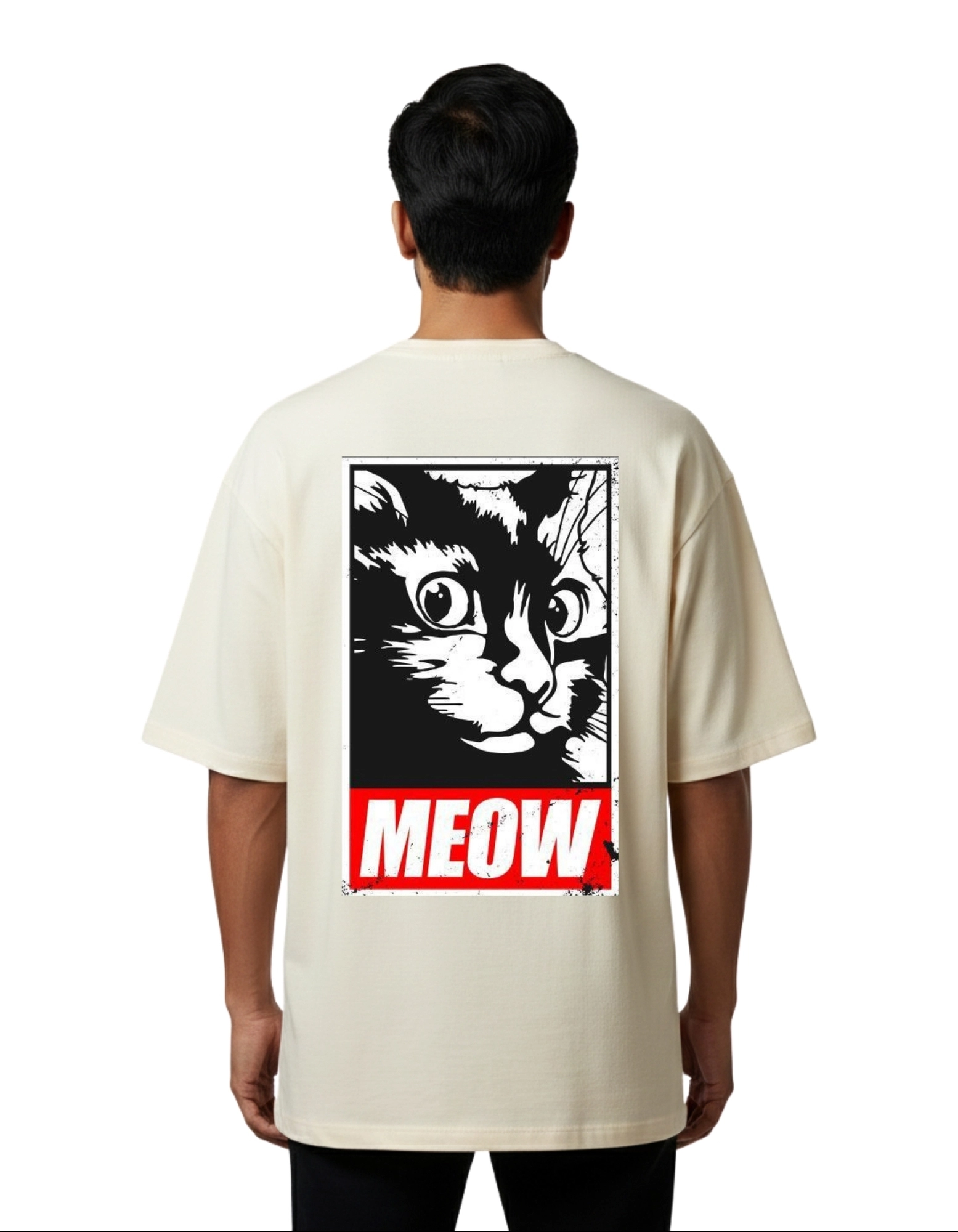 Meow Graphic Oversized Cotton French Terry T-Shirt 240 GSM Beige