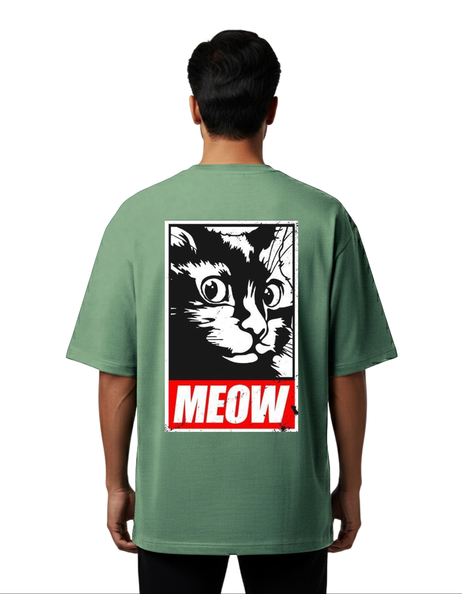Meow Graphic Oversized Cotton French Terry T-Shirt 240 GSM D Green