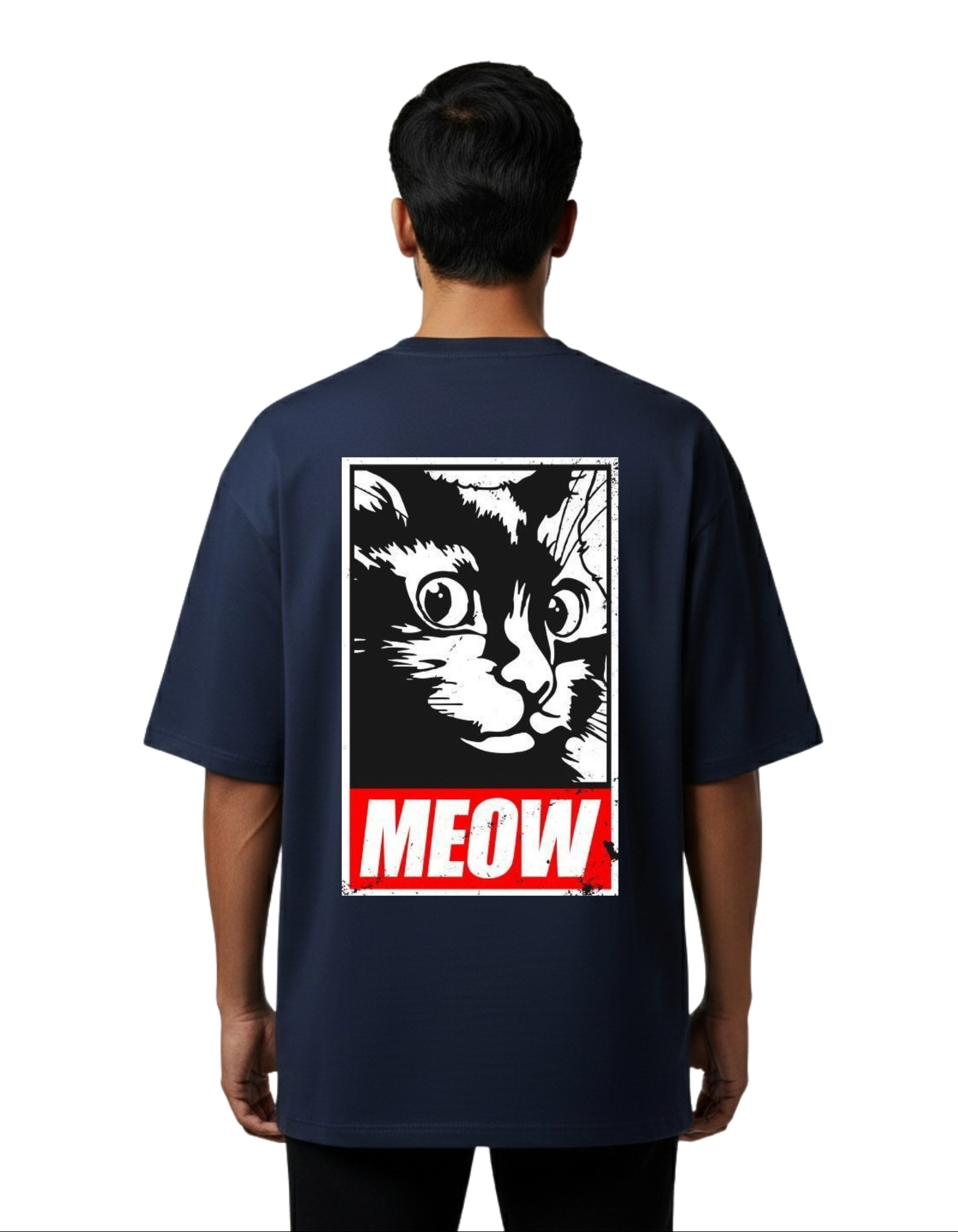 Meow Graphic Oversized Cotton French Terry T-Shirt 240 GSM Navy Blue