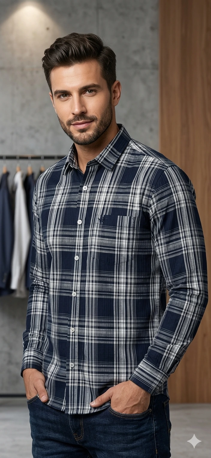 Midnight Navy & Slate Men's Cotton Full Sleeve Check Shirt