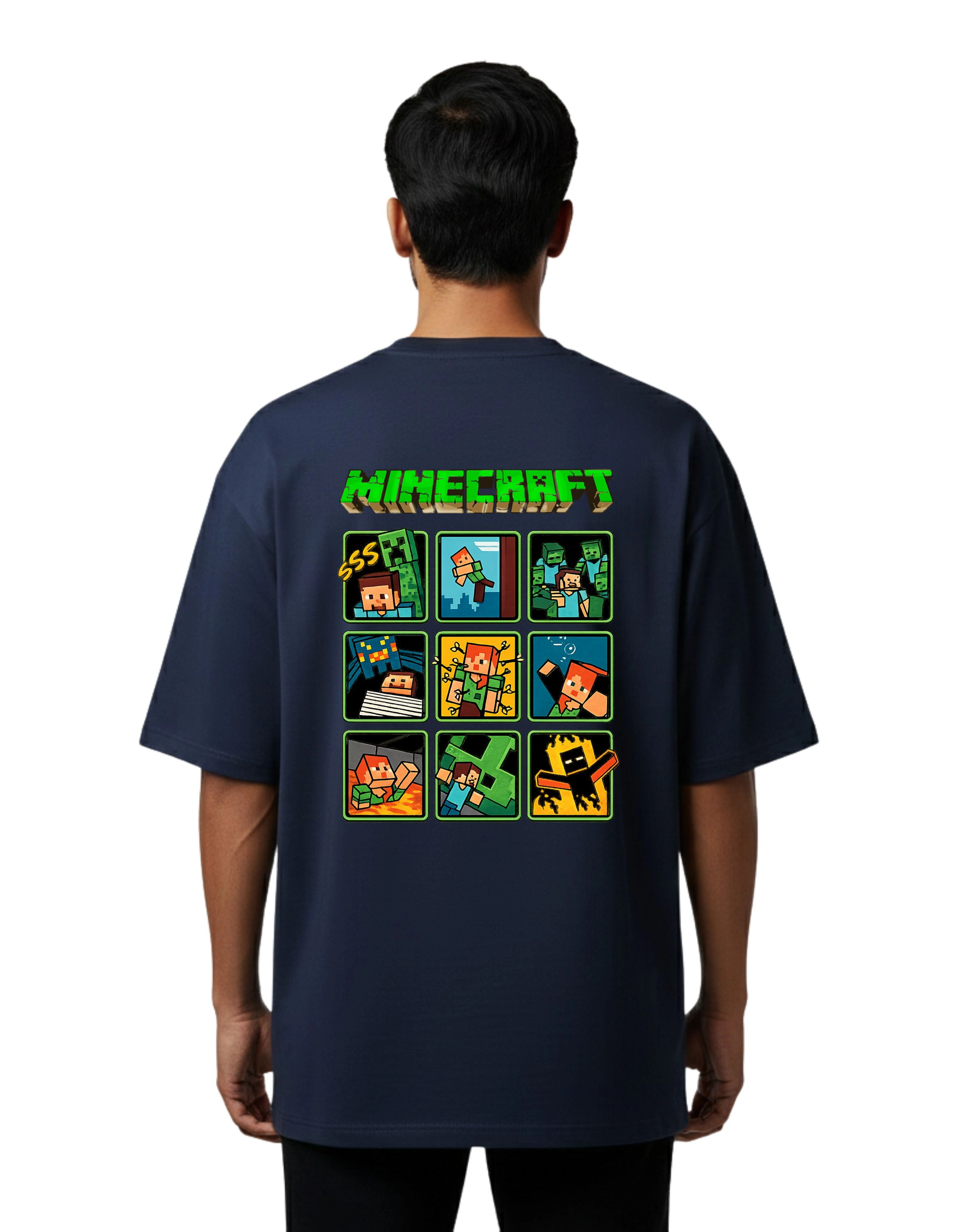 Minecraft Pixel Adventure Oversize Cotton French Terry T-Shirt 240 GSM Navy Blue