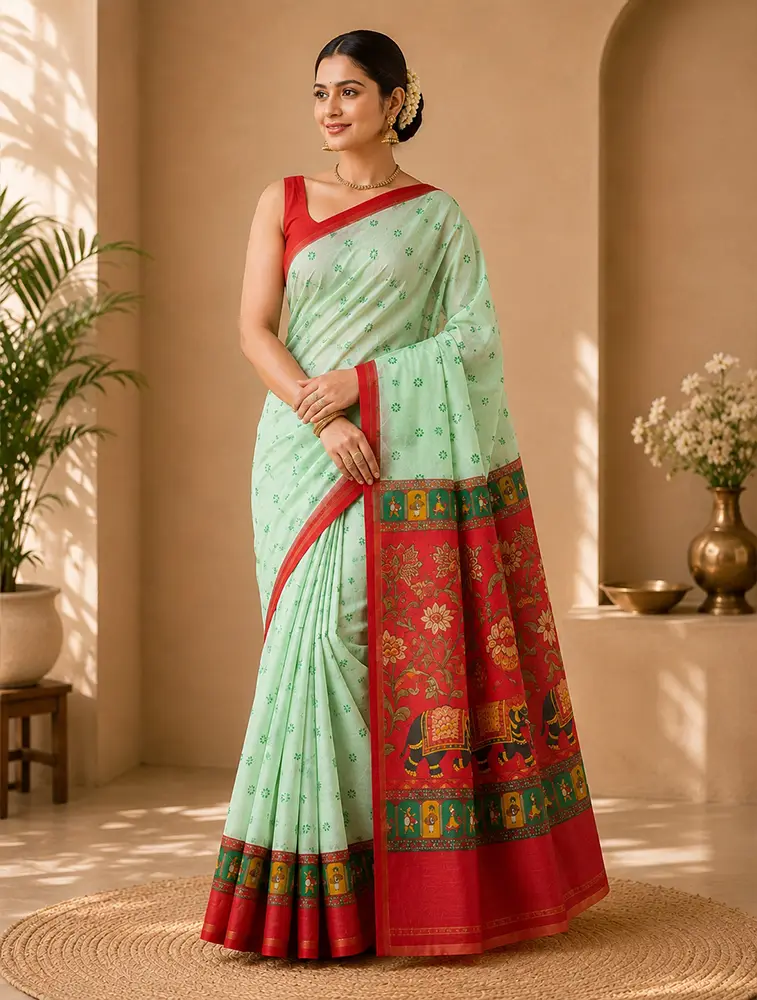 Mint Green  Womens Elegant Linen Cotton Sarees