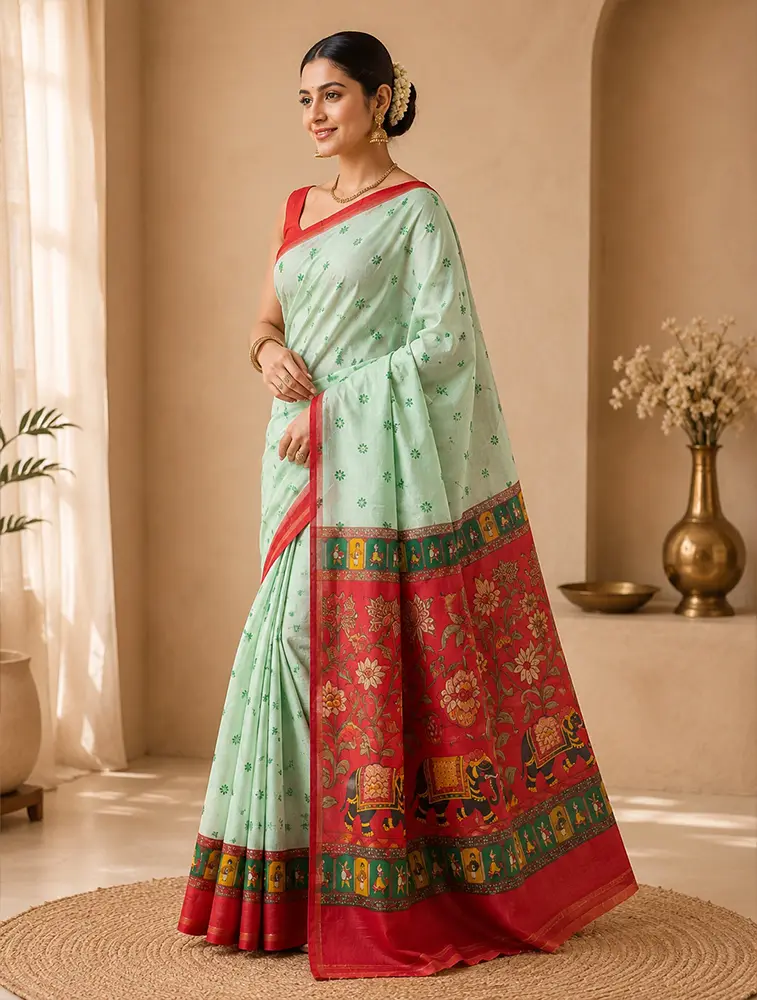 Mint Green  Womens Elegant Linen Cotton Sarees — bulk from ₹2445