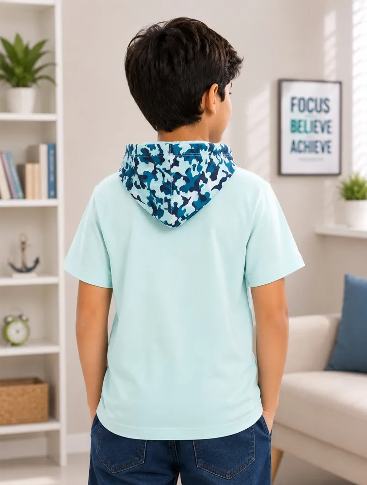 Mint Green Kids Urban Camo Graphic Hooded TShirt