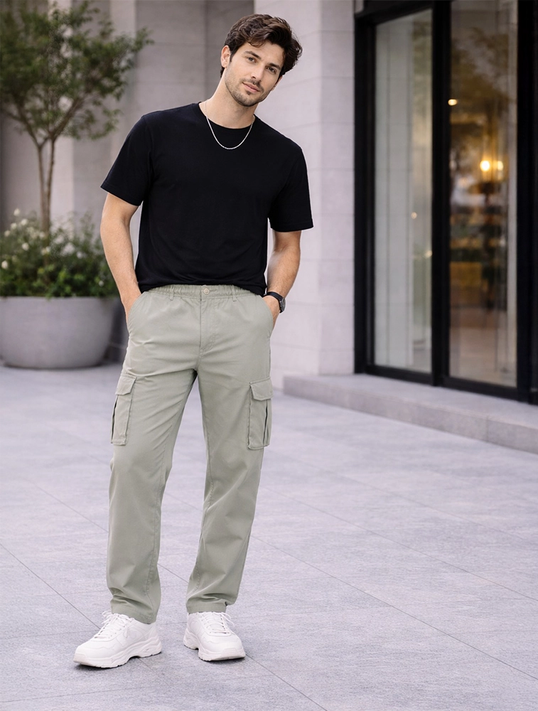 Mint Green Men Cotton Linen Cargo Pants
