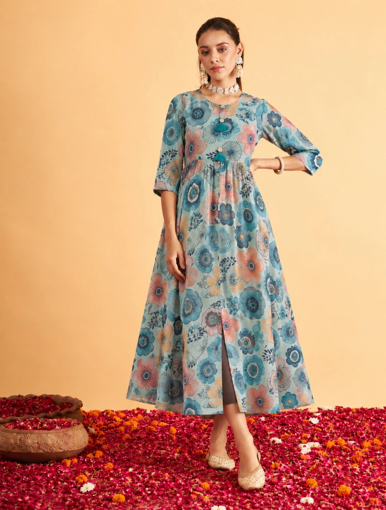 Mint Green Women Ethnic Motifs Printed Floral Kurta 