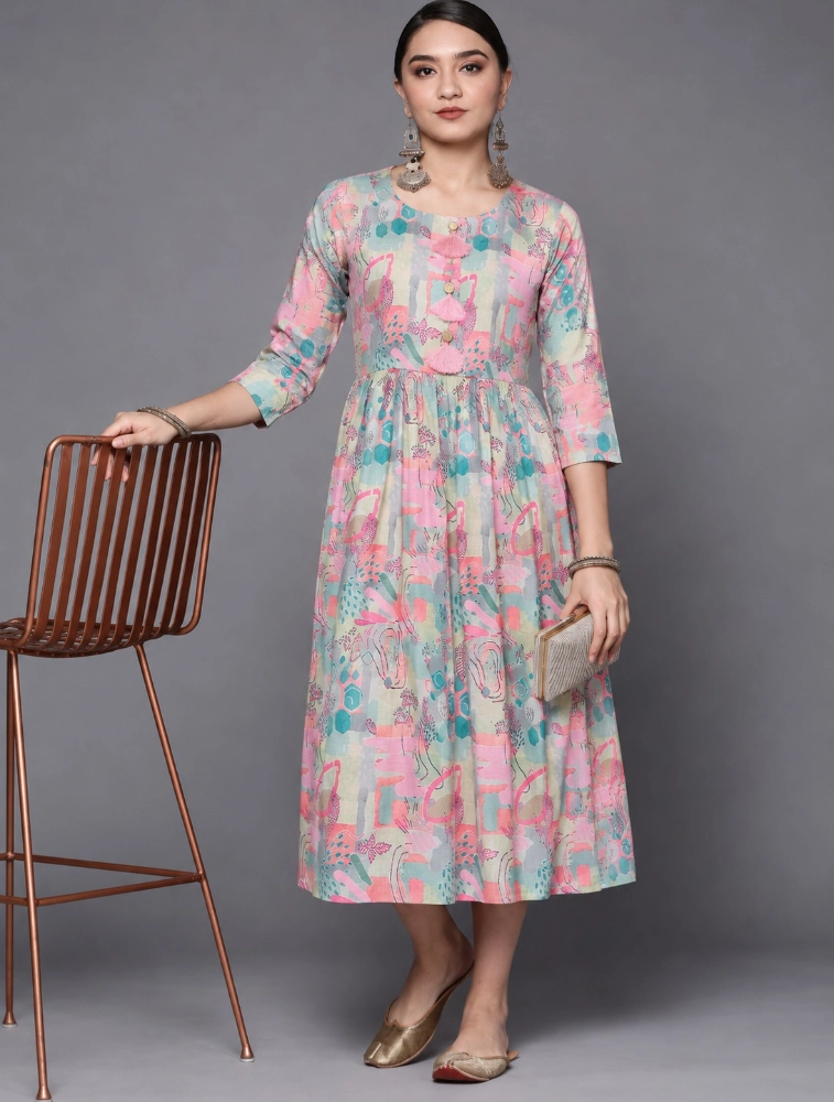 Mint Green Women Printed  Pure Cotton Ethnic Dress 