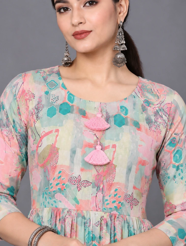 Mint Green Women Printed Pure Cotton Ethnic Dress