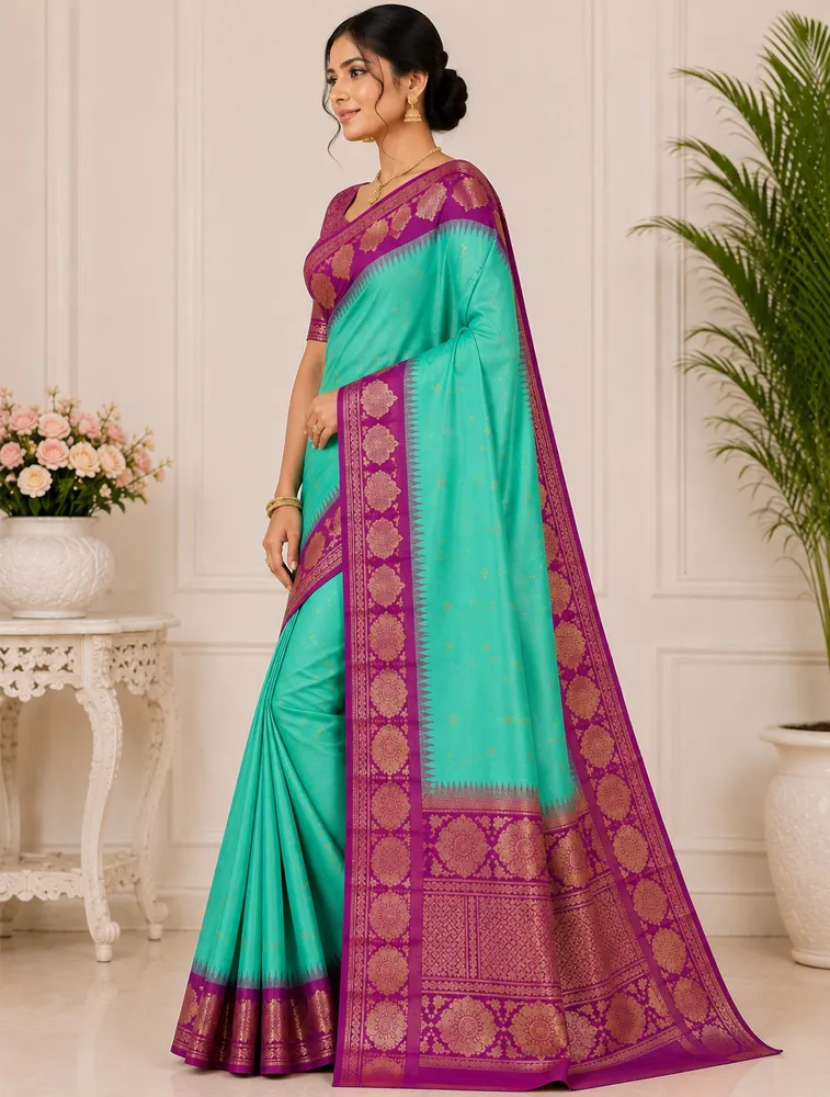 Mint Green Womens Premium Semi Gadwal Saree