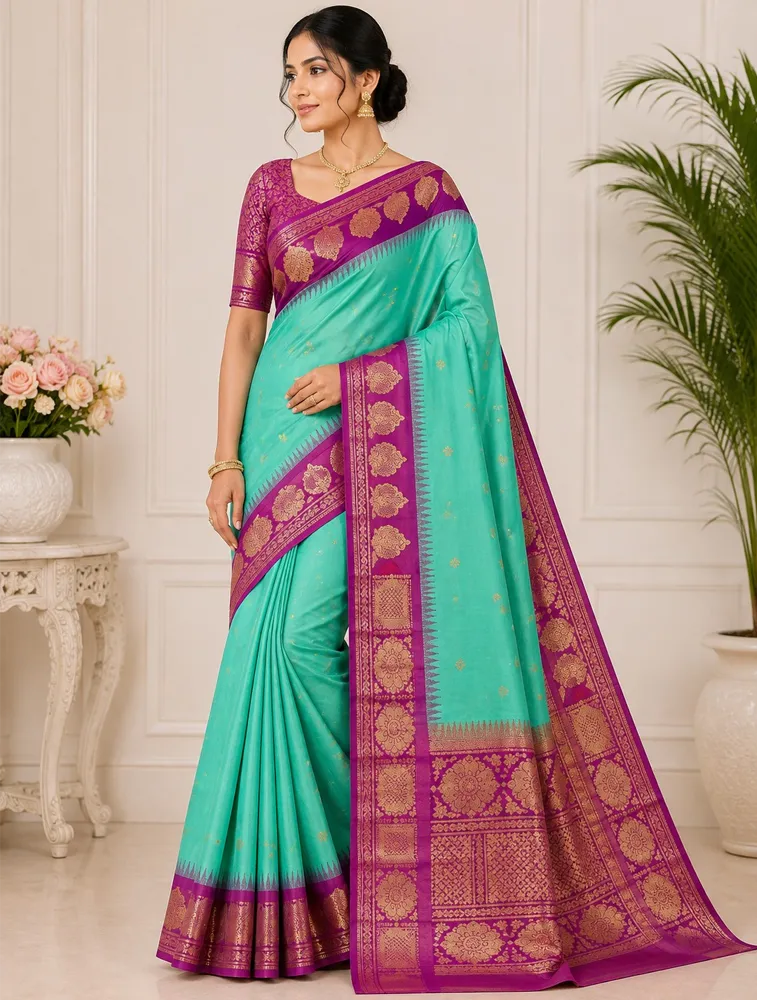 Mint Green Womens Premium Semi Gadwal Saree 