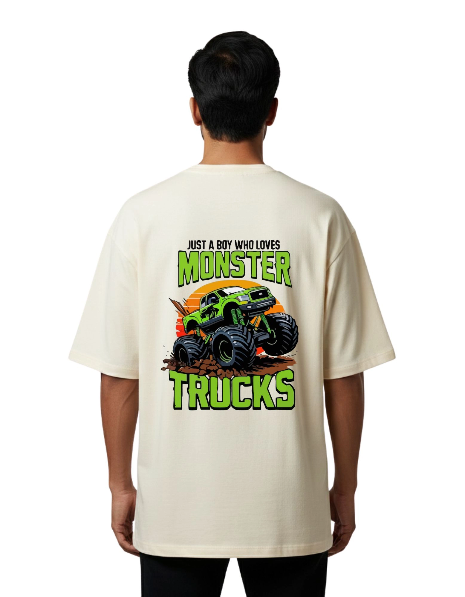 Monster Trucks Graphic Oversized Cotton French Terry 240 GSM T-Shirt Beige