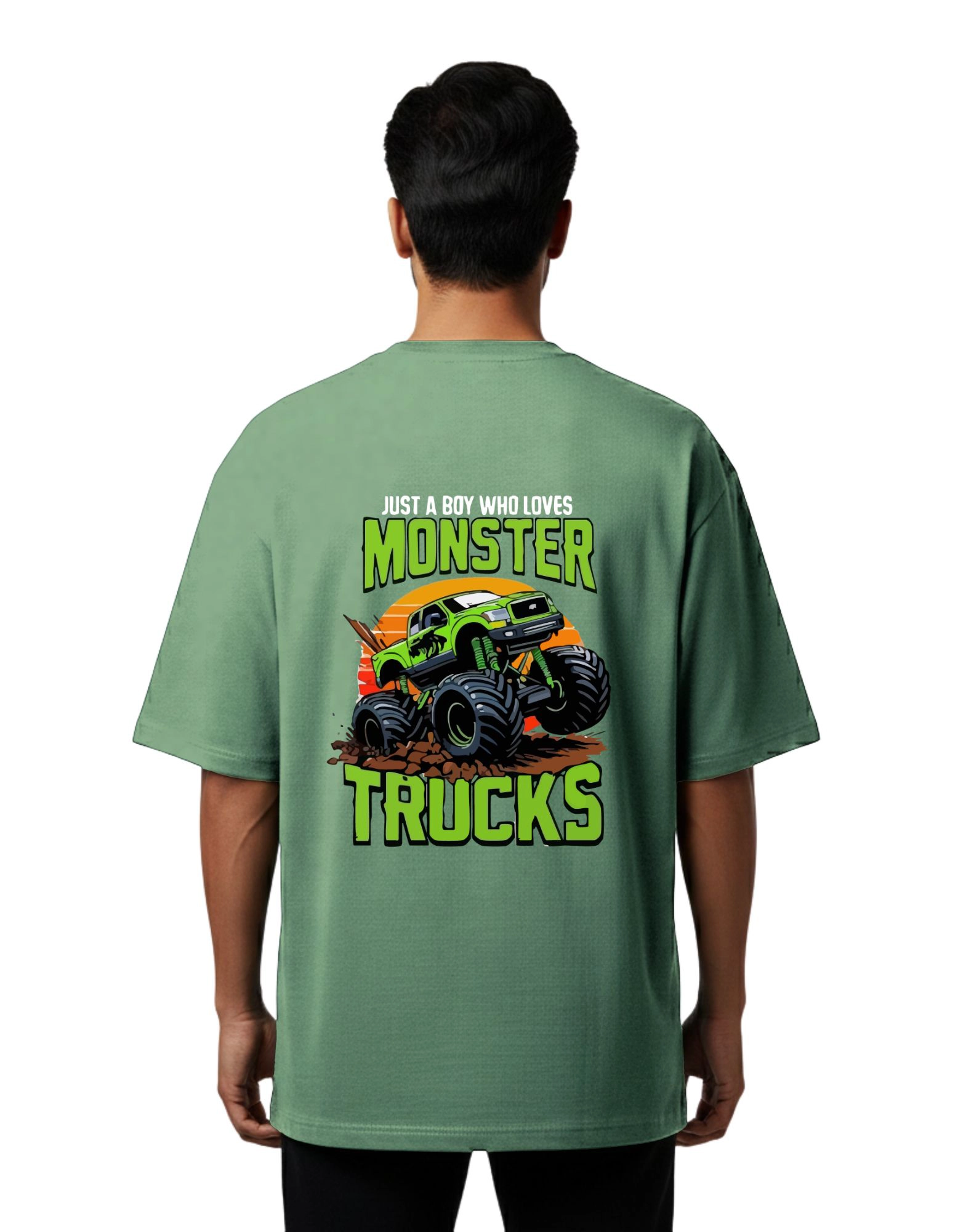 Monster Trucks Graphic Oversized Cotton French Terry 240 GSM T-Shirt D Green