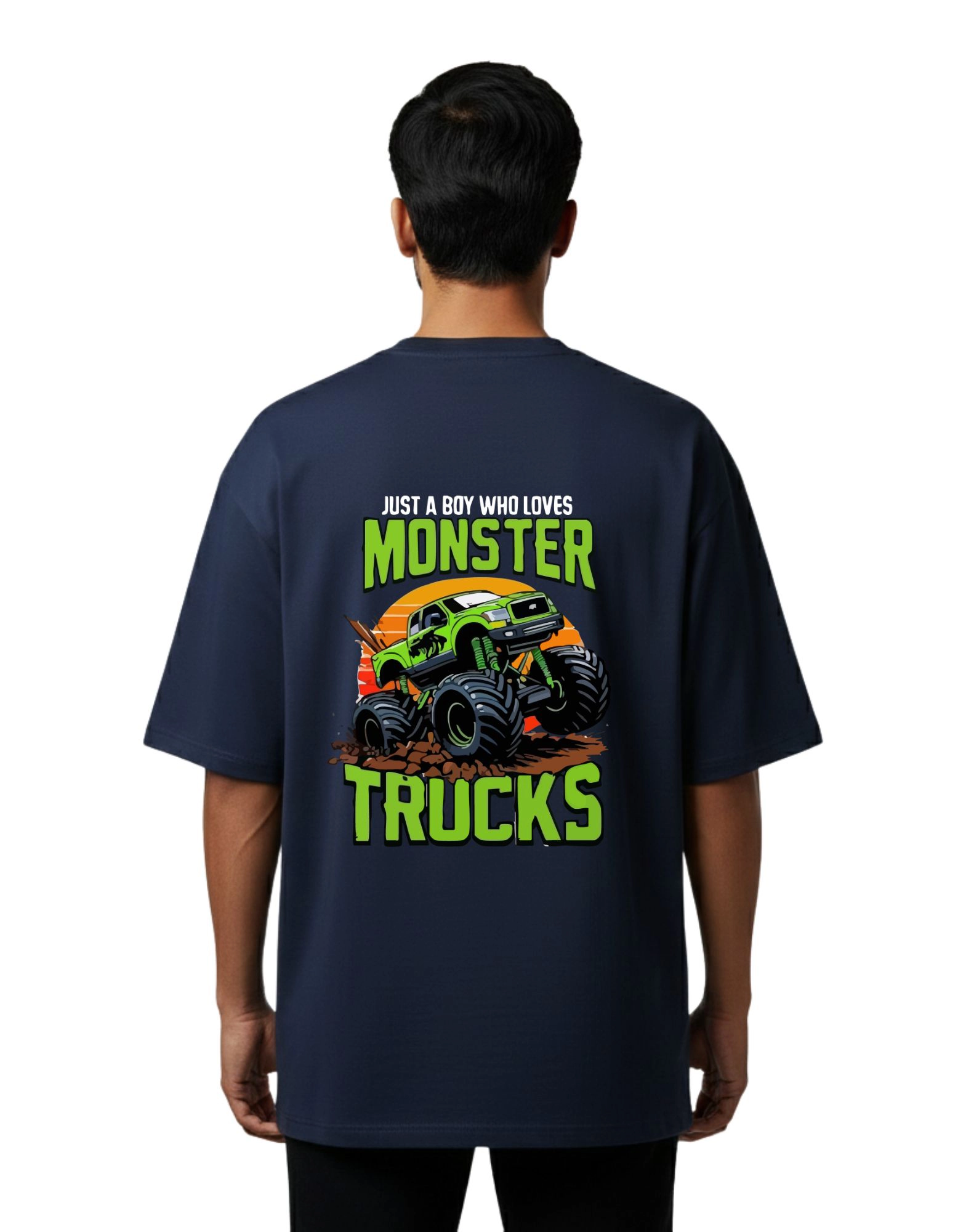 Monster Trucks Graphic Oversized Cotton French Terry 240 GSM T-Shirt Navy Blue
