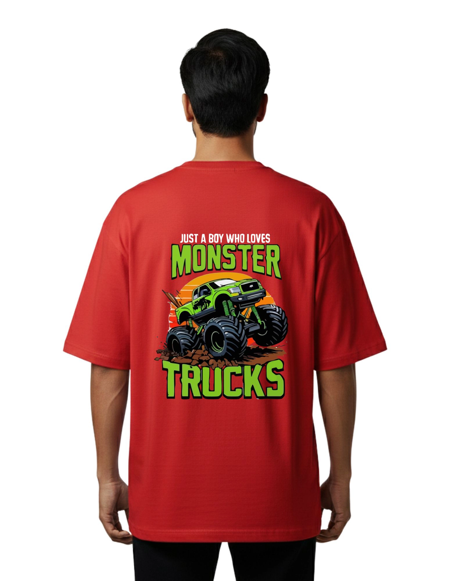 Monster Trucks Graphic Oversized Cotton French Terry 240 GSM T-Shirt Red