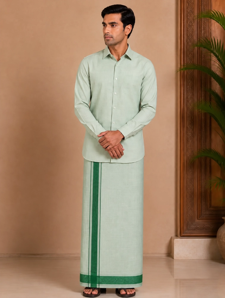 Moss Green Mens Premium Plain Tissue Silk Shirt and Dhoti Set