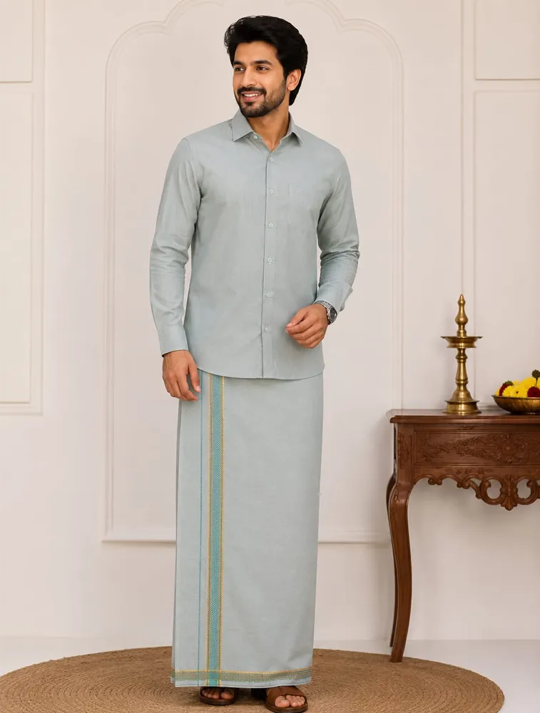 Moss Green Mens Special Tissue Shirts and Dhoti Set