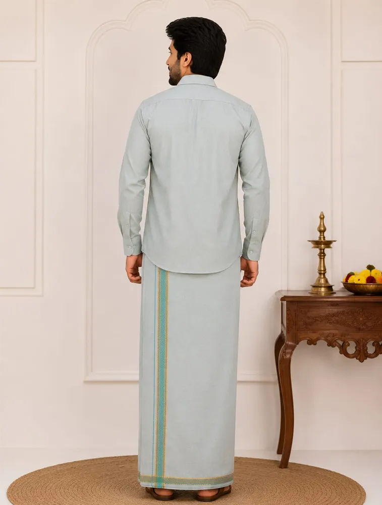 Moss Green Mens Special Tissue Shirts and Dhoti Set  