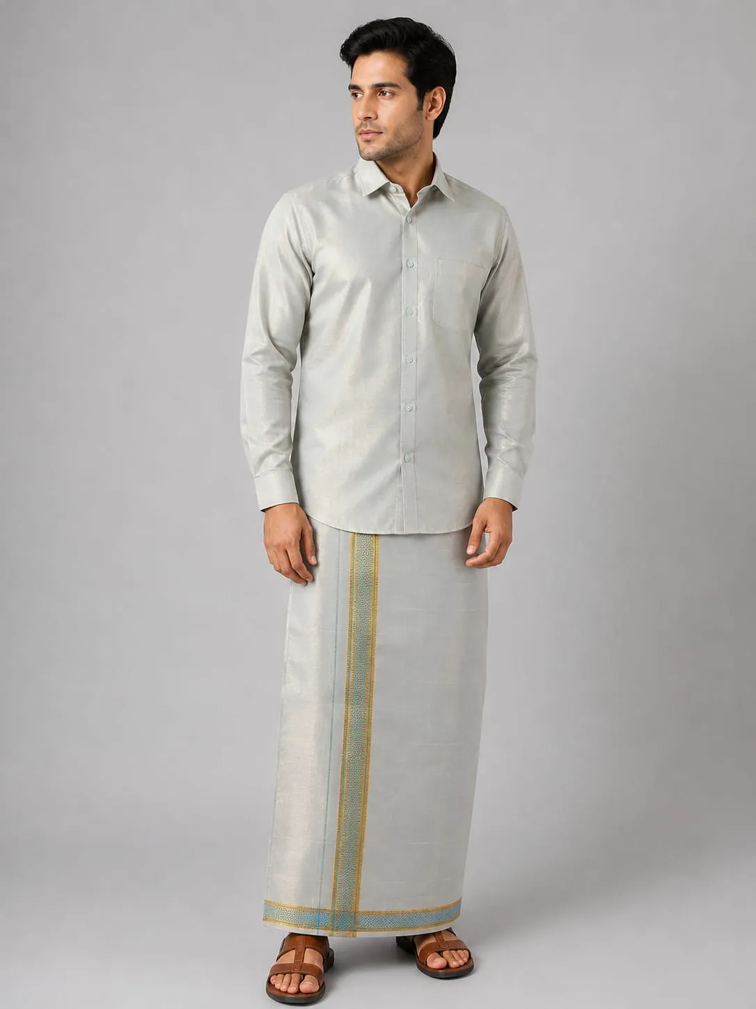 Moss Green Mens Special Tissue Shirts and Dhoti Set