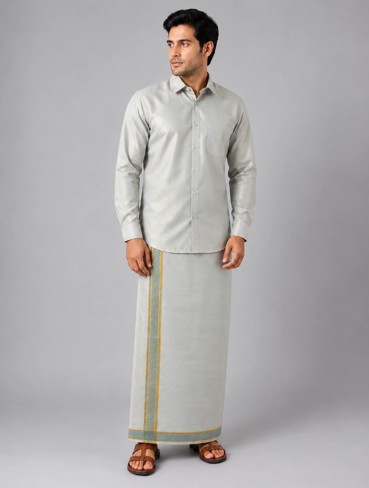 Moss Green Mens Special Tissue Shirts and Dhoti Set