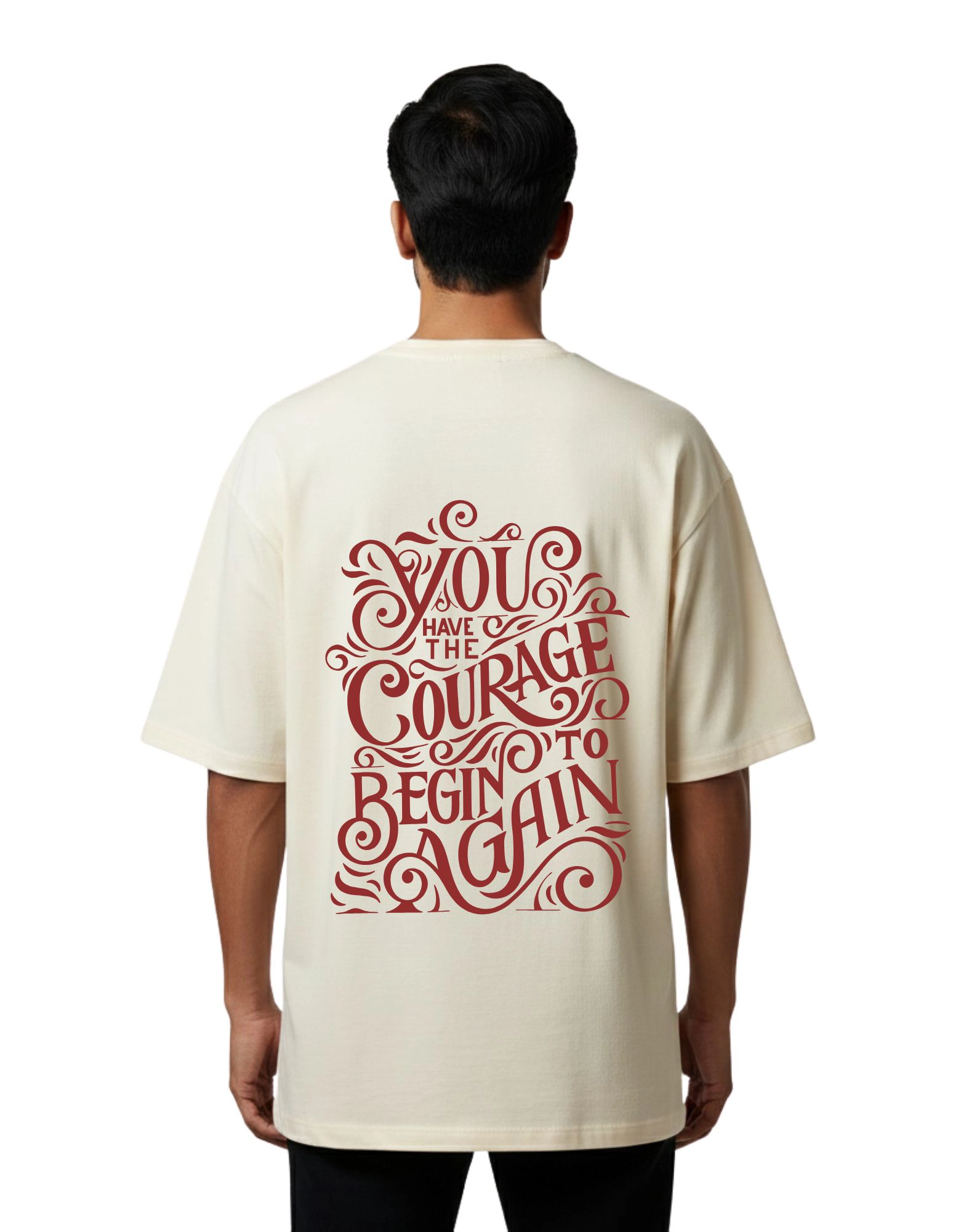 Motivational Courage Typography Oversized Cotton French Terry 240 GSM T-Shirt Beige