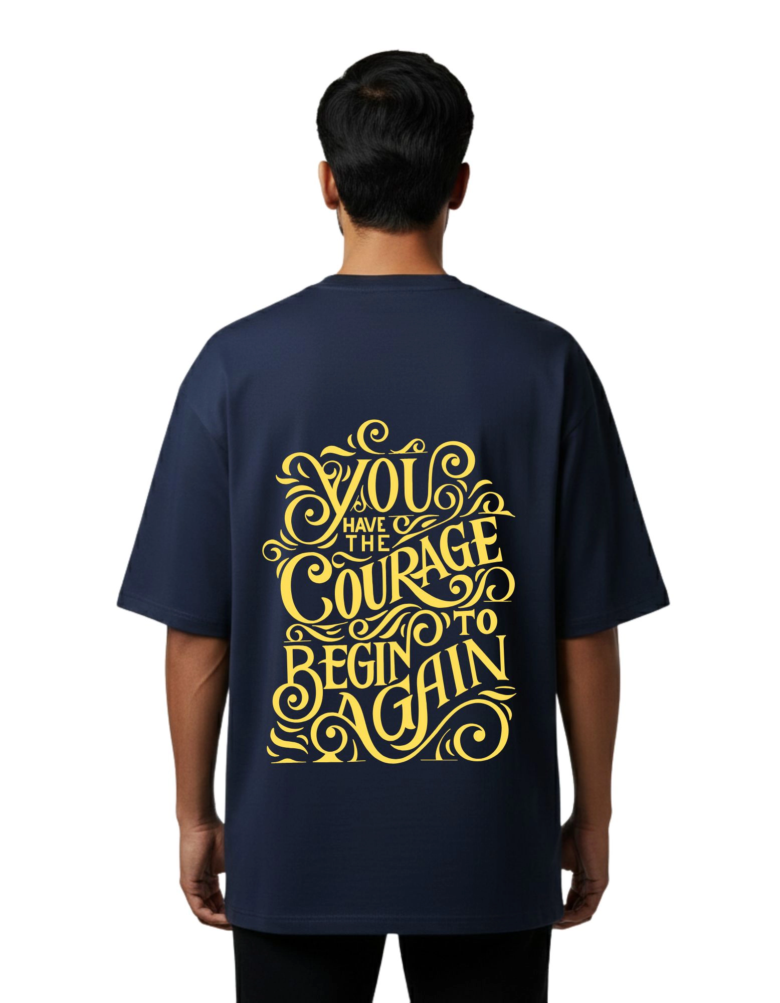 Motivational Courage Typography Oversized Cotton French Terry 240 GSM T-Shirt Navy Blue