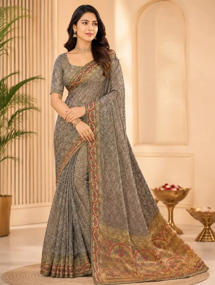 Mud Brown Womens Printed Soft Silk Saree  