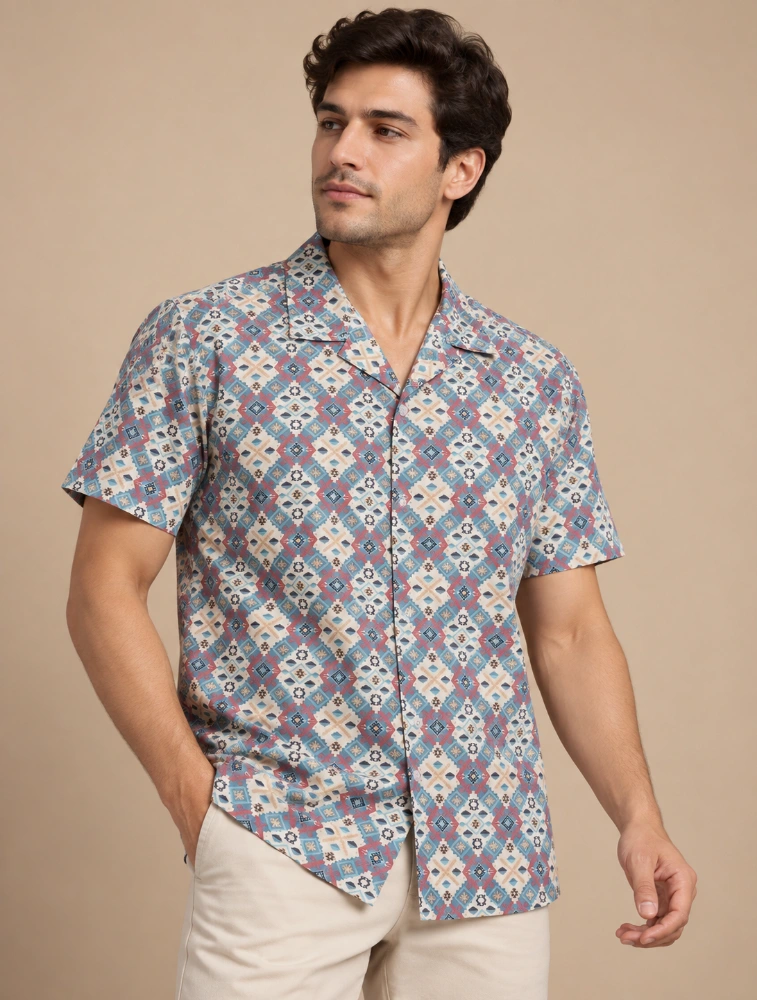 Multi Color Geometric Mens 100 percent cotton half sleeve printed shirt